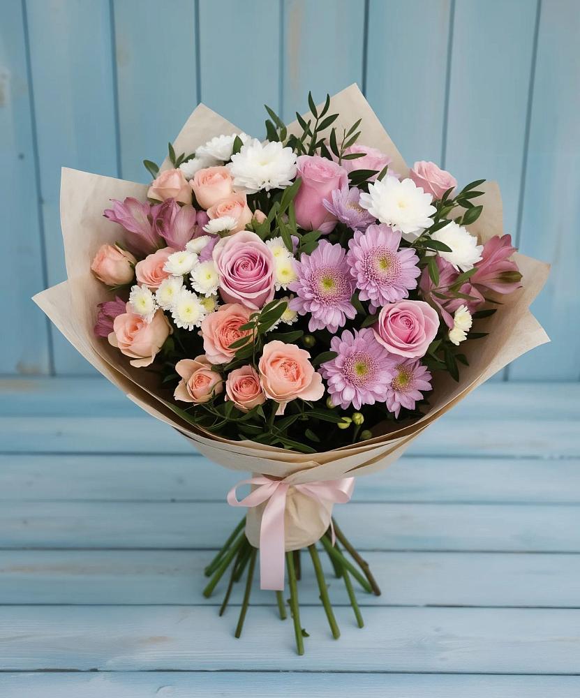 Букет цветов из: Хризантемы, Розы и Альстромерии в Двубратском