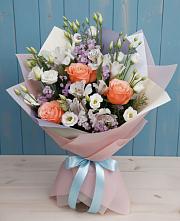 Букет цветов из:  Лизиантусы, Розы, Альстромерии и Гипсофила #REPLACE_PRED# Двубратском