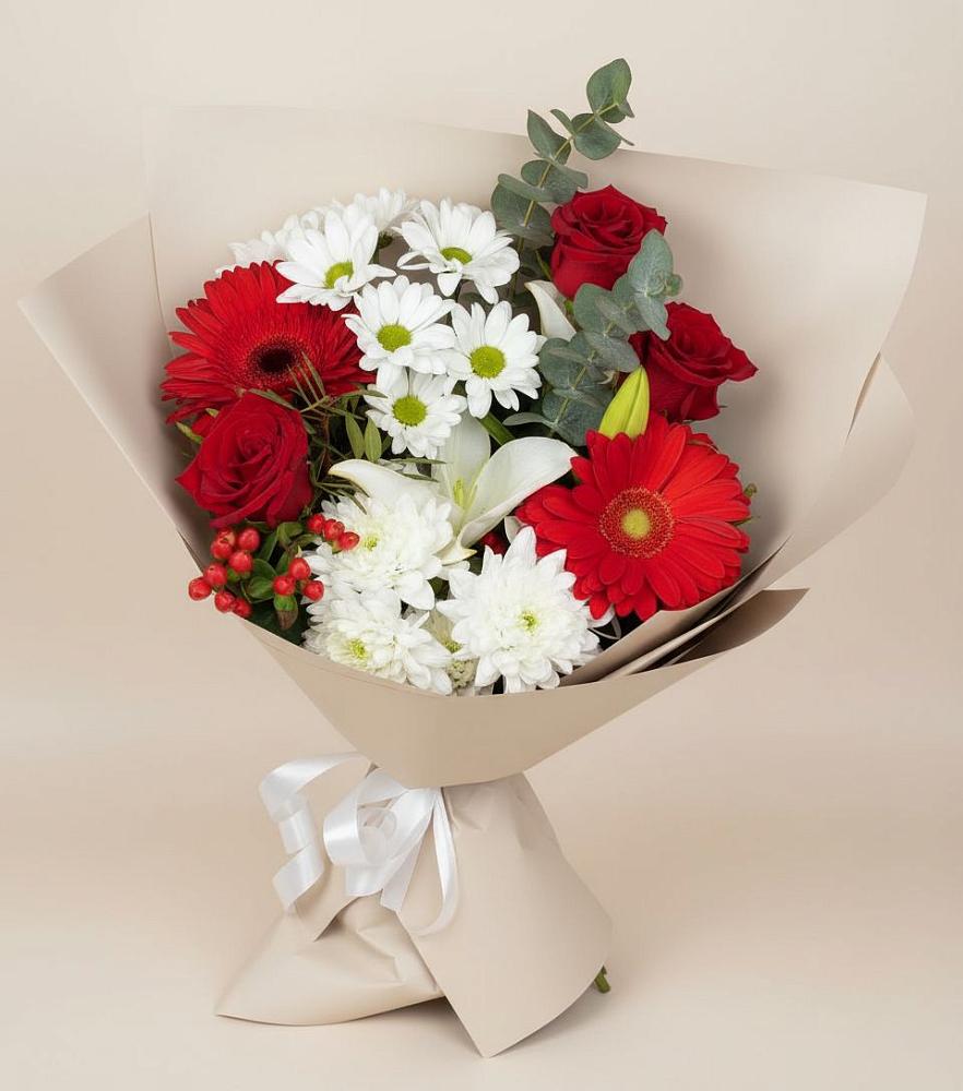 Букет цветов из: Розы, Хризантемы, Герберы и Лилии в Двубратском
