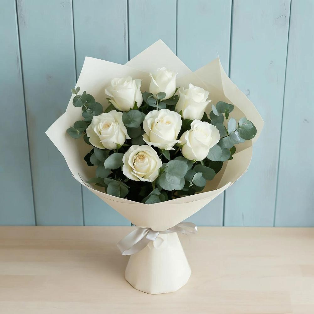 Букет Белые розы в Эвкалипте в Двубратском