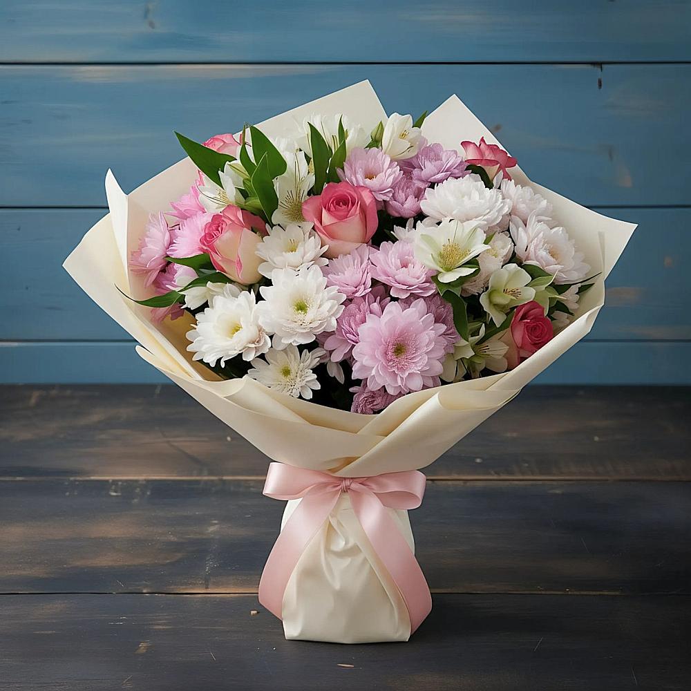 Букет цветов из: Хризантемы, Альстромерии и Розы в Двубратском